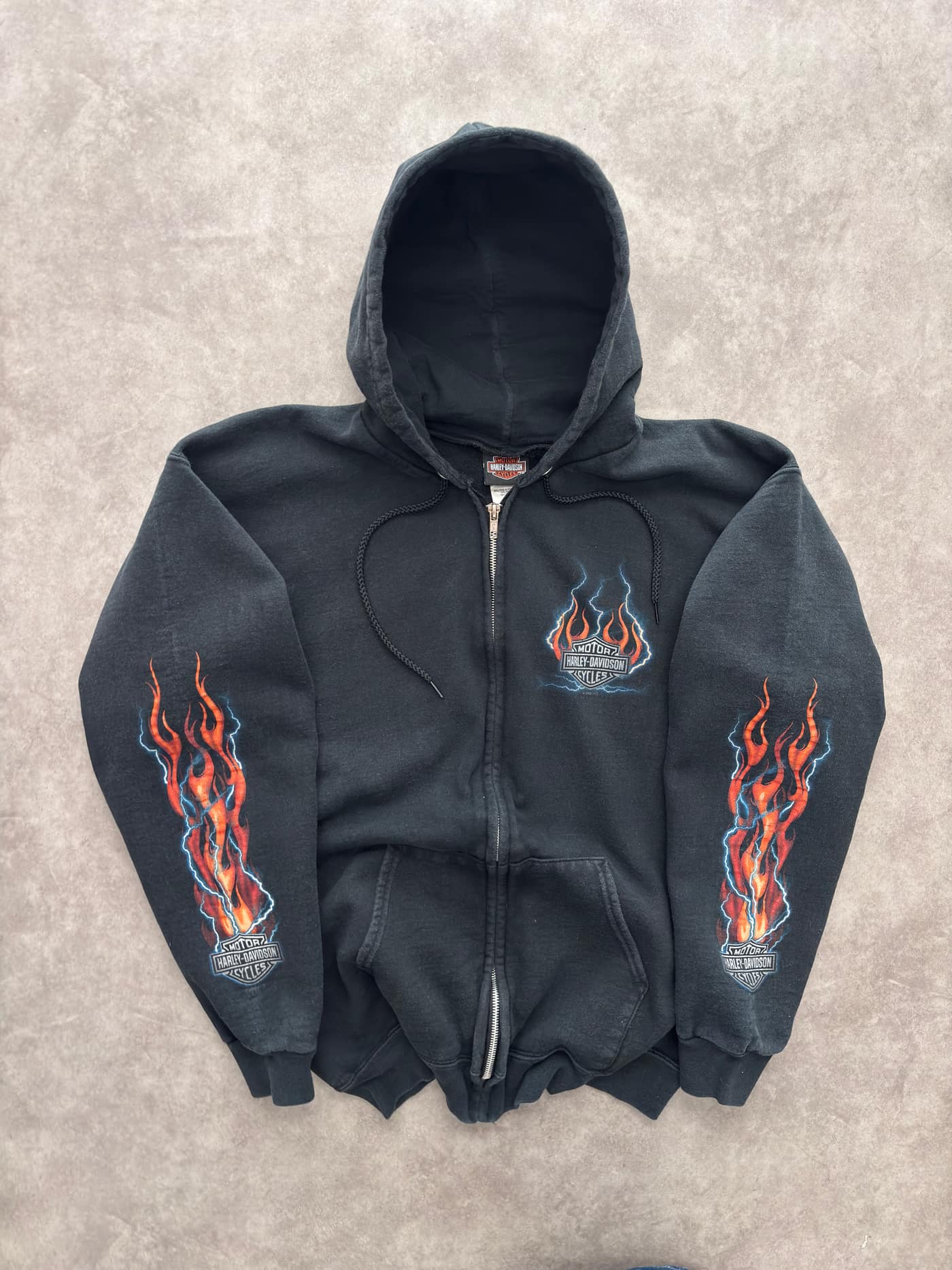Harley Davidson Vintage Harley Davidson Zip Up Hoodie Flames Print - Excellent - M - Fabricsonder